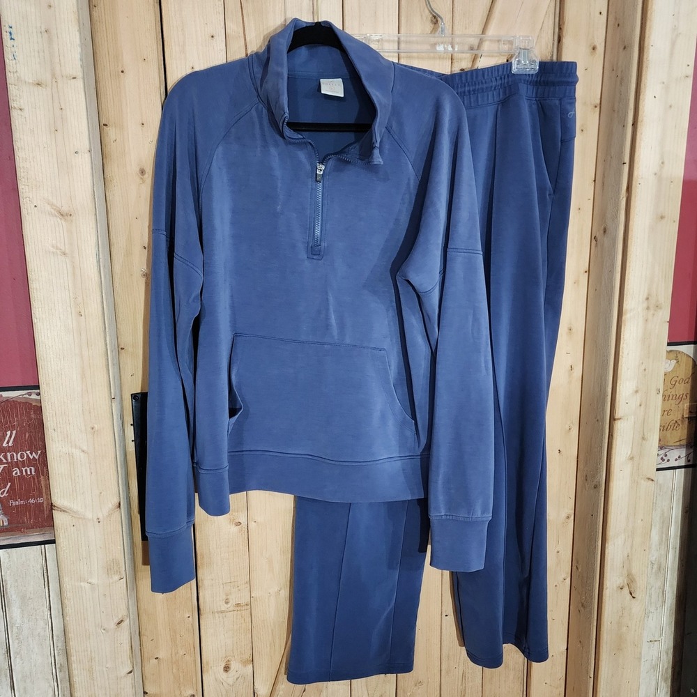 Freely Womens Blue Modal Blend Quarter Zip Pullover and Wide Leg Pants Set XL